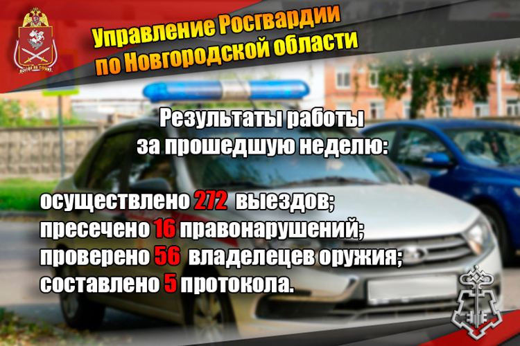 За прошедшую неделю сотрудниками подразделений вневедомственной охраны Росгвардии по Новгородской области осуществили 272 выезда на охраняемые объекты по сигналу «тревога».