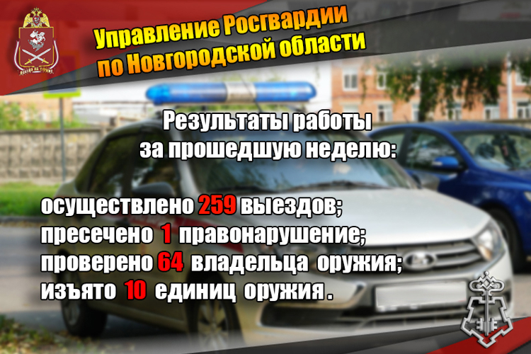 За прошедшую неделю сотрудниками подразделений вневедомственной охраны Росгвардии по Новгородской области осуществлено 259 выездов на охраняемые объекты по сигналу «тревога».